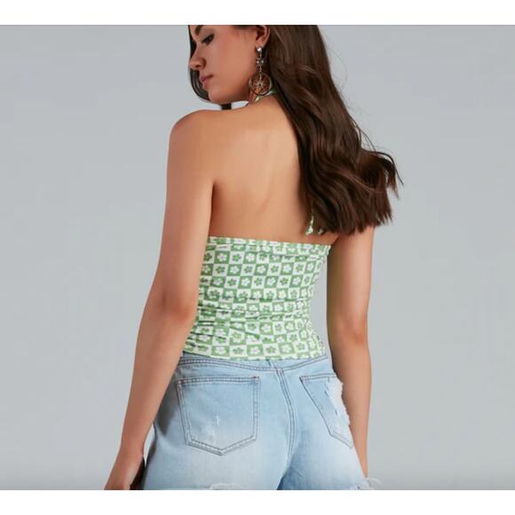 Windsor S Green White Checkered Shamrock Clover Tie Up Halter Ruched Crop Top - Picture 2 of 8